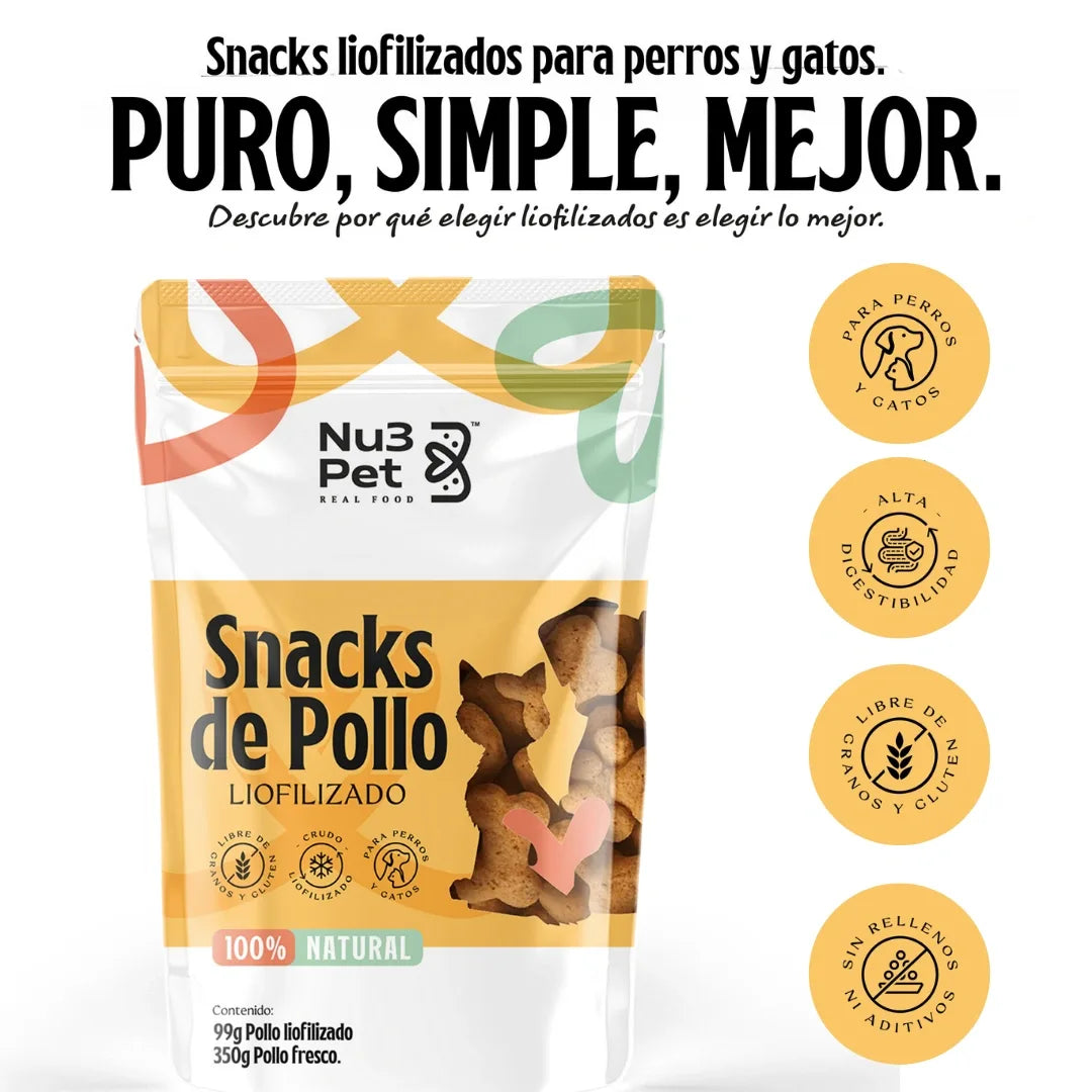 Snacks 100% naturales de pollo real que nutren, fortalecen y hacen feliz a tu mascota sin químicos, sin rellenos y sin culpa