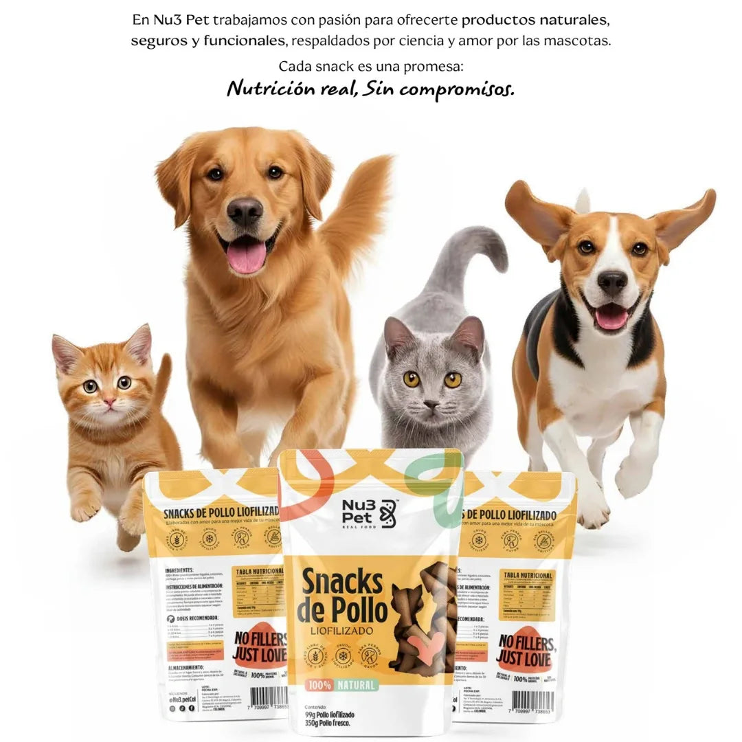 Snacks 100% naturales de pollo real que nutren, fortalecen y hacen feliz a tu mascota sin químicos, sin rellenos y sin culpa